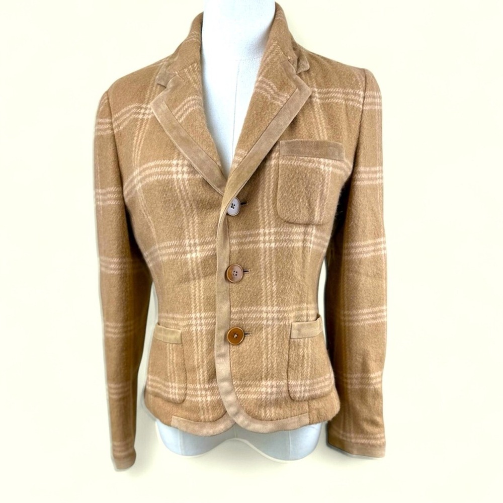 Ralph Lauren Collection Blazer 6 Camel Plaid Excellent Suede Trim Wool USA